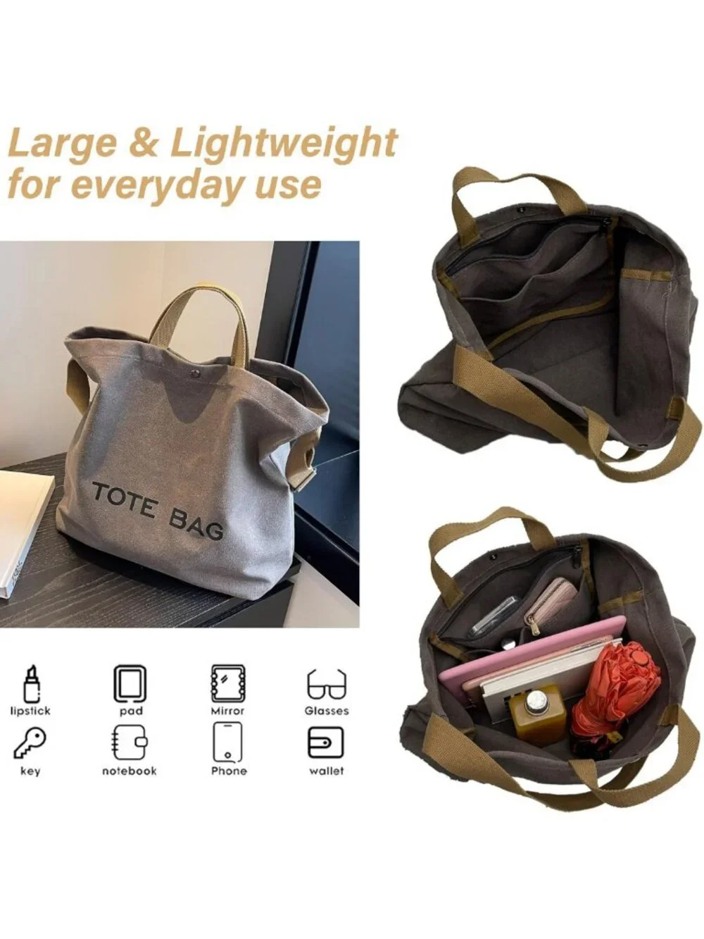 Large Capacity Canvas Tote Bag for Women - Stylish Travel Shoulder & Crossbody - Picture 4 of 6